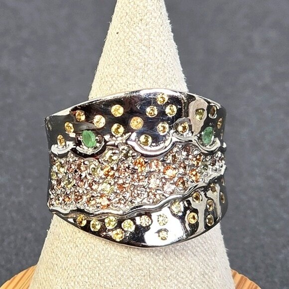 925 Sterling Silver Ring Siz 7.5 with Natural Sapphire & Emerald Gems - Picture 5 of 11